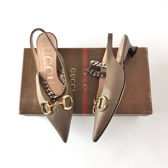 Gucci Baby Bit Deva Taupe Maryjane Pointed Toe Slingback Kitten Heel Pumps 36 - Picture 1 of 11